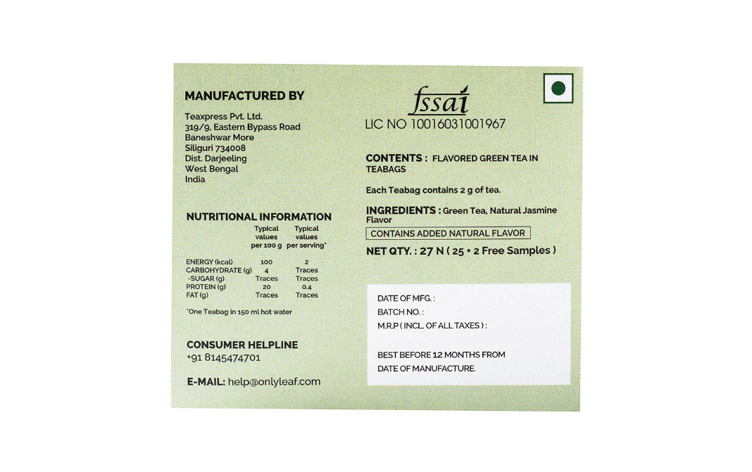 Only Leaf Jasmine Green Tea    Pack  27 pcs